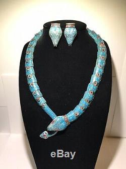 Sterling Silver Enamel snake necklace with earrings 925 Mexico Rare Vintage