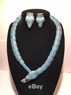 Sterling Silver Enamel snake necklace with earrings 925 Mexico Rare Vintage