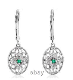 Sterling Silver Green Emerald Leverback Earrings Vintage Inspired Oval Dangles