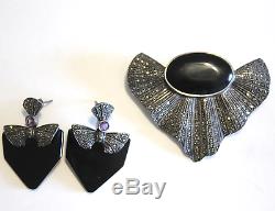 Sterling Silver Onyx Amethyst Marcasite Earrings & Brooch Vintage 1970's