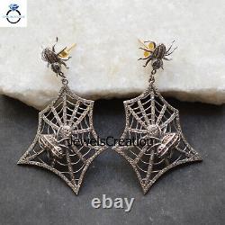 Sterling Silver Spider Web Earrings Natural Pave Diamond Jewelry Halloween Gift