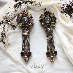 Sterling Silver Vintage Multi-Jewel Cluster Hinged Tassel Dangle Earrings