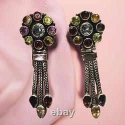 Sterling Silver Vintage Multi-Jewel Cluster Hinged Tassel Dangle Earrings