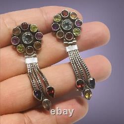 Sterling Silver Vintage Multi-Jewel Cluster Hinged Tassel Dangle Earrings
