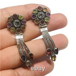 Sterling Silver Vintage Multi-Jewel Cluster Hinged Tassel Dangle Earrings