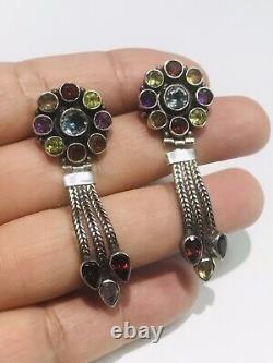 Sterling Silver Vintage Multi-Jewel Cluster Hinged Tassel Dangle Earrings