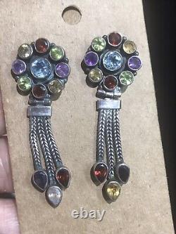 Sterling Silver Vintage Multi-Jewel Cluster Hinged Tassel Dangle Earrings