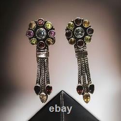 Sterling Silver Vintage Multi-Jewel Cluster Hinged Tassel Dangle Earrings