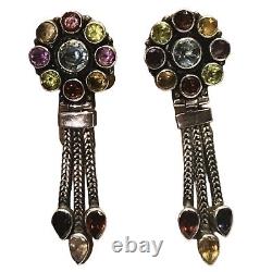 Sterling Silver Vintage Multi-Jewel Cluster Hinged Tassel Dangle Earrings