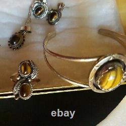 Sterling Silver Vtg Ear Ring Bracelet Necklace Lot No Scrap Native Cat Tiger Eye