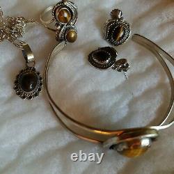 Sterling Silver Vtg Ear Ring Bracelet Necklace Lot No Scrap Native Cat Tiger Eye