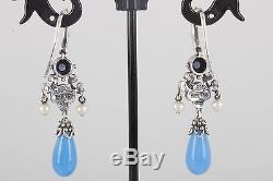 Sterling Vintage 18k Bixby China Pearl, Amethyst & Blue Stones Earrings 925 1552