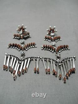 Striking Vintage Zuni Native American Dangle Chandelier Sterling Silver Earrings