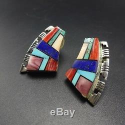 Stunning ALVIN YELLOWHORSE Vintage NAVAJO Sterling Silver CHANNEL INLAY EARRINGS