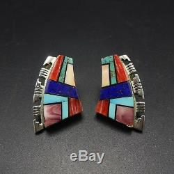 Stunning ALVIN YELLOWHORSE Vintage NAVAJO Sterling Silver CHANNEL INLAY EARRINGS