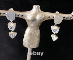 Stunning Signed Artisan Modern Sterling Silver Iolite Dangle Earrings Long Vtg