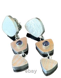 Stunning Signed Artisan Modern Sterling Silver Iolite Dangle Earrings Long Vtg