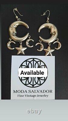 Stunning! Vintage Man In The Moon 925 Sterling Silver Mexico Dangle Earrings