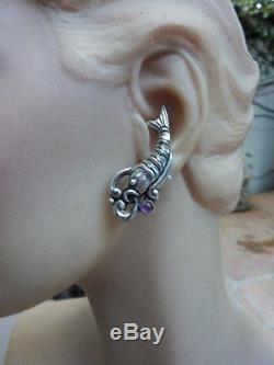 Stunning Vintage Margot de Taxco Mexico Sterling Silver & Amethyst Fish Earrings
