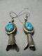 Stunning Vintage Navajo Squash Blue Turquoise Sterling Silver Earrings Old