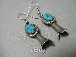 Stunning Vintage Navajo Squash Blue Turquoise Sterling Silver Earrings Old