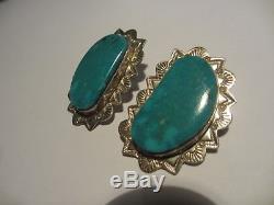 Stunning Vintage Navajo Sterling&turquoise Hand Engraved Earrings Signed Frances