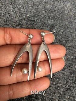 Stunning Vtg mid century modernist sterling Silver 925 pearl pierce earrings