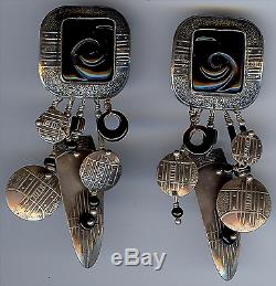 Tabra Vintage Sterling Silver Onyx Big Dangle Pierced Earrings