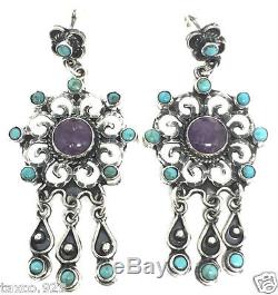 Taxco Mexican Sterling Silver Vintage Style Amethyst Turquoise Earrings Mexico
