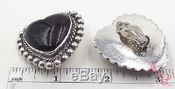 Taxco Sterling Silver Vintage 925 Heart Etched Trim Onyx Earrings (41.4g) 508847