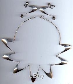 Terrific Vintage Modernist Boomerang Sterling Silver Neckace & Earrings Set