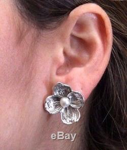 Tiffany & Co VINTAGE Sterling Silver Dogwood Nature Pearl Flower Earrings RARE