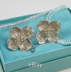 Tiffany & Co Vintage Large Sterling Silver Dogwood Flower Omega Pierced Earrings