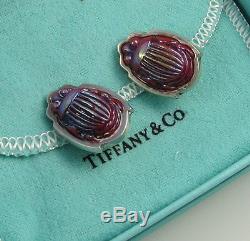 Tiffany & Co Vintage Sterling Silver Red Favrile Scarab Beetle Clip On Earrings
