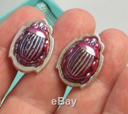 Tiffany & Co Vintage Sterling Silver Red Favrile Scarab Beetle Clip On Earrings