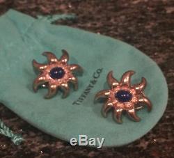 Tiffany & Co. Vintage Sterling Sliver Blue Lapis Gemstone Sun Earrings RARE