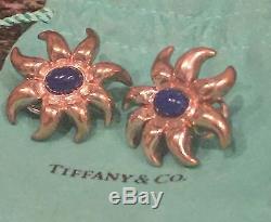Tiffany & Co. Vintage Sterling Sliver Blue Lapis Gemstone Sun Earrings RARE