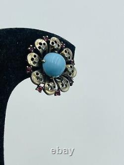 Trifari Rare Vintage Sterling Silver Flower Blue Glass & Rhinestone Earrings