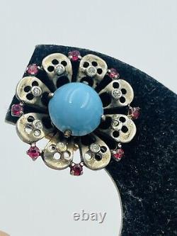 Trifari Rare Vintage Sterling Silver Flower Blue Glass & Rhinestone Earrings