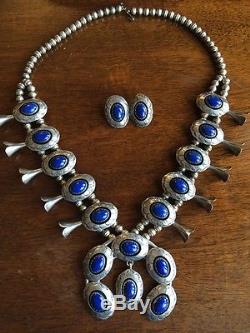 Unique Vintage Navajo Sterling Silver & Lapis Squash Blossom Necklace & Earrings