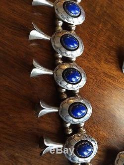 Unique Vintage Navajo Sterling Silver & Lapis Squash Blossom Necklace & Earrings
