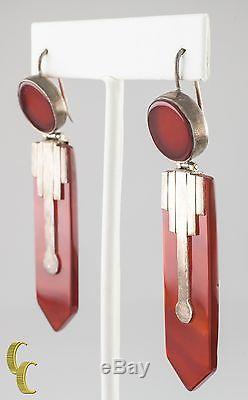 Unique Vintage Sterling Silver Carnelian Drop Earrings Gorgeous
