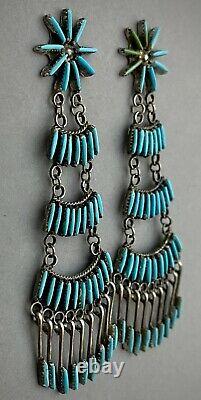 VERY OLD Vintage Zuni Sterling Silver Turquoise Long Chandelier Dangle Earrings