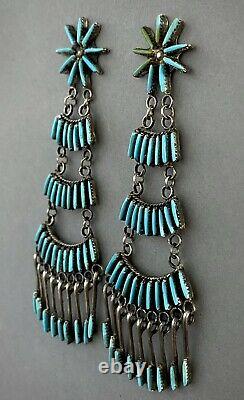 VERY OLD Vintage Zuni Sterling Silver Turquoise Long Chandelier Dangle Earrings