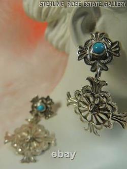 VINTAGE 1 3/4 DANGLING BLUE TURQUOISE STERLING SILVER 0.925 Post EARRINGS