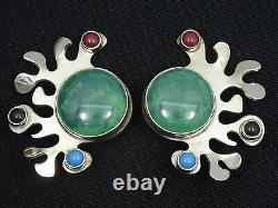 VINTAGE 60's TU-37 CARSI TAXCO CHRYSOCOLLA & PRECIOUS STONE STERLING EARRINGS