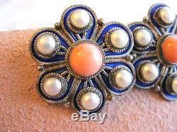 Vintage 925 Sterling Silver Flower Earrings Angel Skin Coral Pearl Blue Enamel