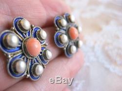 Vintage 925 Sterling Silver Flower Earrings Angel Skin Coral Pearl Blue Enamel