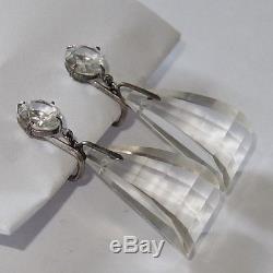 Vintage Art Deco Sterling Silver Faceted Genuine Quartz Rock Crystal Earrings