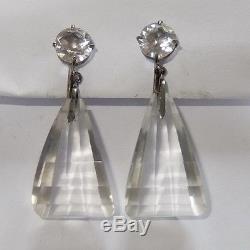 Vintage Art Deco Sterling Silver Faceted Genuine Quartz Rock Crystal Earrings